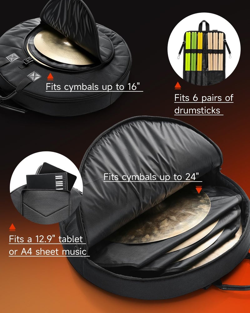 Donner Cymbal Bag with Drumstick Bag, Cymbal Backpack with Handle and Hideable Dual Shoulder Straps, Holds 6 Cymbals and 6 Drum Sticks, Fits Ride up to 24 Inch - Image 5